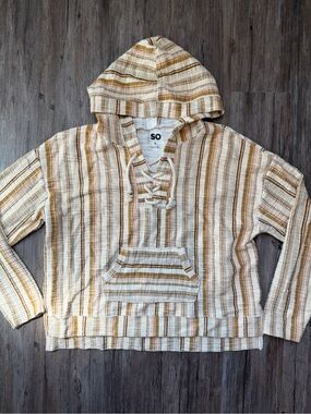 SO Striped Hooded Baja Pullover in Cream & Mustard Stripe